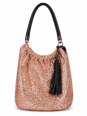 Rose Gold Sequin Hobo Bag Y2K Party Shoulder Bag Tassel Sparkly Glam